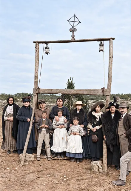 Francisco, Lúcia and Jacinta with a group of people under the arch, October 1917