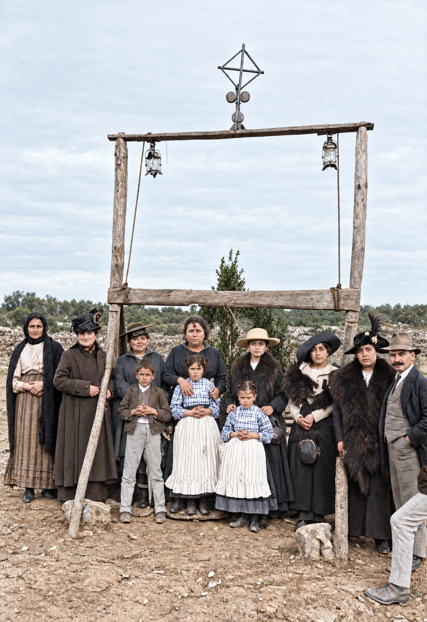 Francisco, Lúcia e Jacinta com um grupo de pessoas sob o arco, outubro de 1917: Cor (IA)