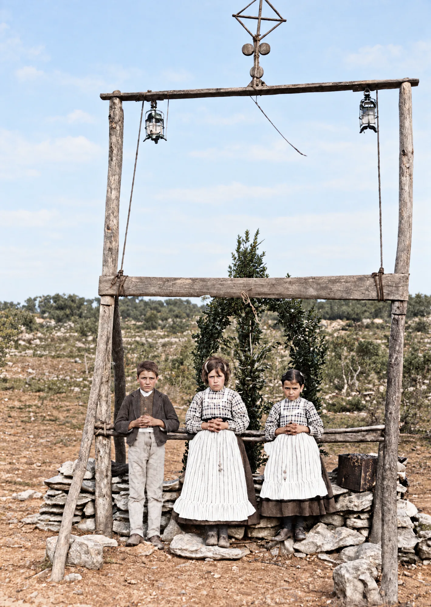The three seers beneath the rustic arch at the Cova da Iria, 1917: Colour (AI)