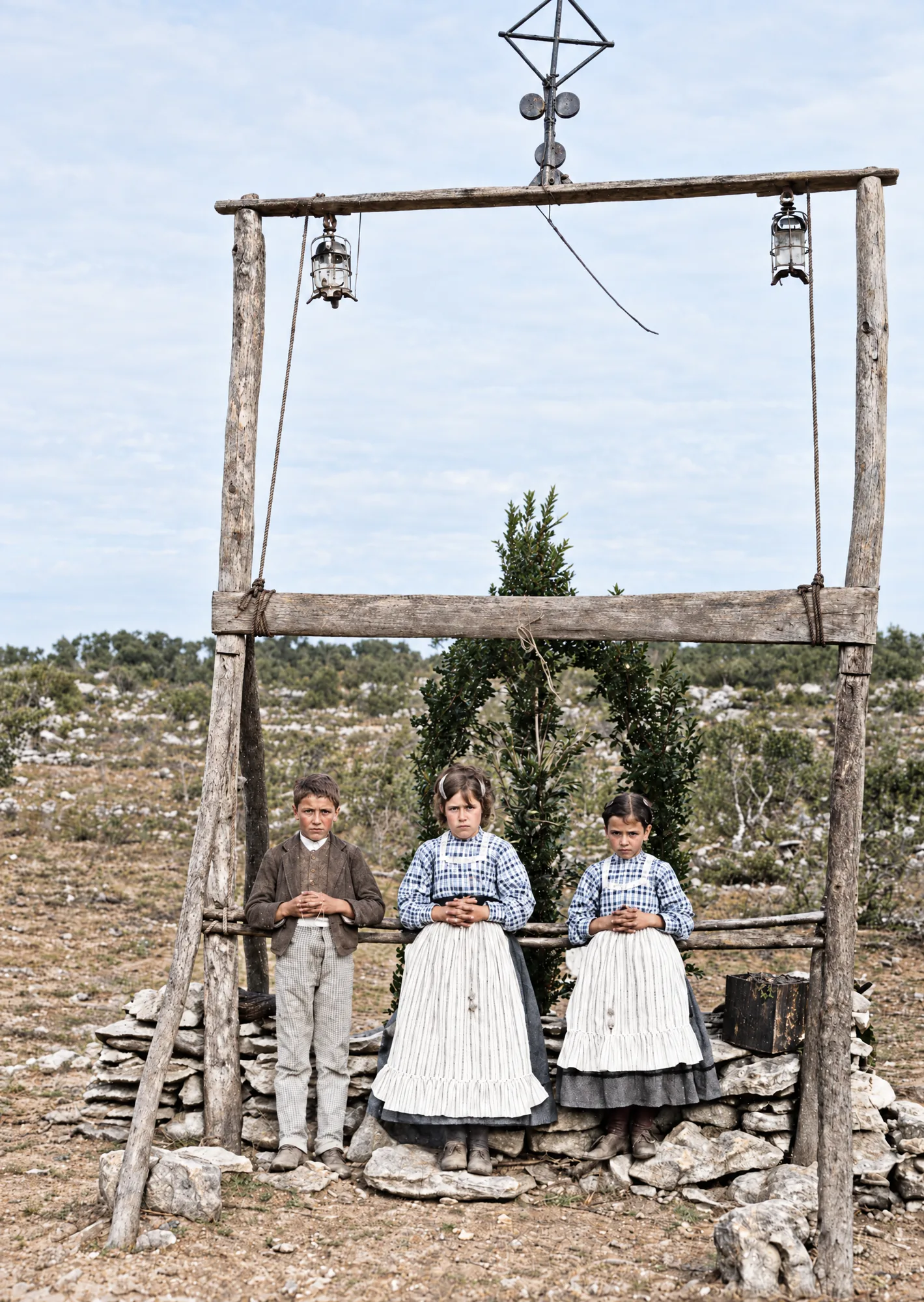 Os três videntes sob o arco rústico da Cova da Iria, 1917: Cor (IA)