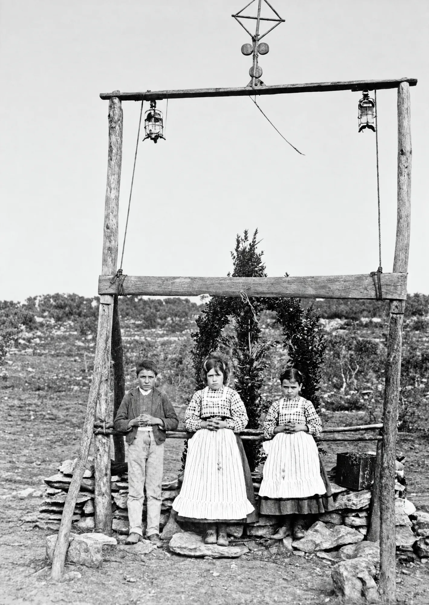 The three seers beneath the rustic arch at the Cova da Iria, 1917: Restored (AI)