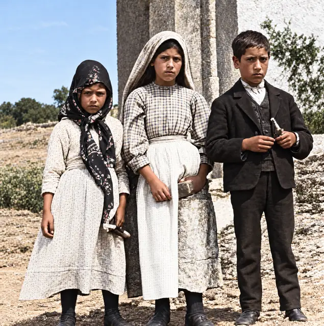 The three seers by the parish church of Fátima, 13 July 1917
