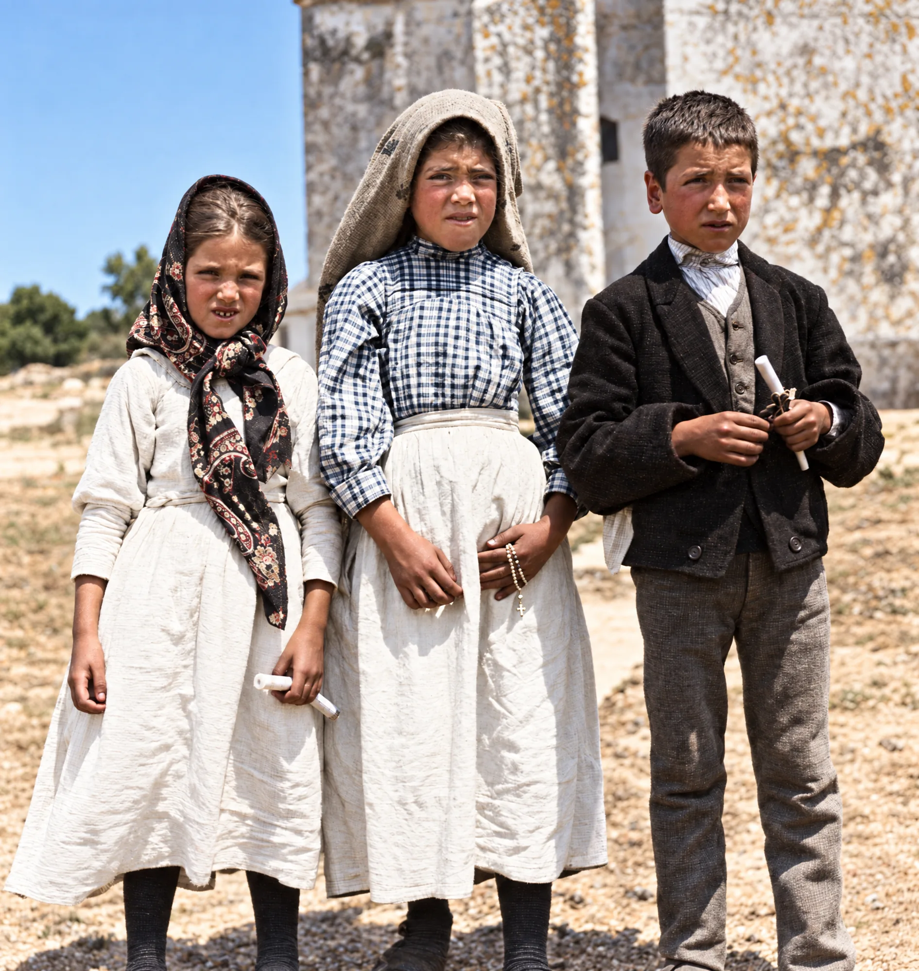 Os três videntes junto à igreja paroquial de Fátima, 13 de julho de 1917: Cor (IA)