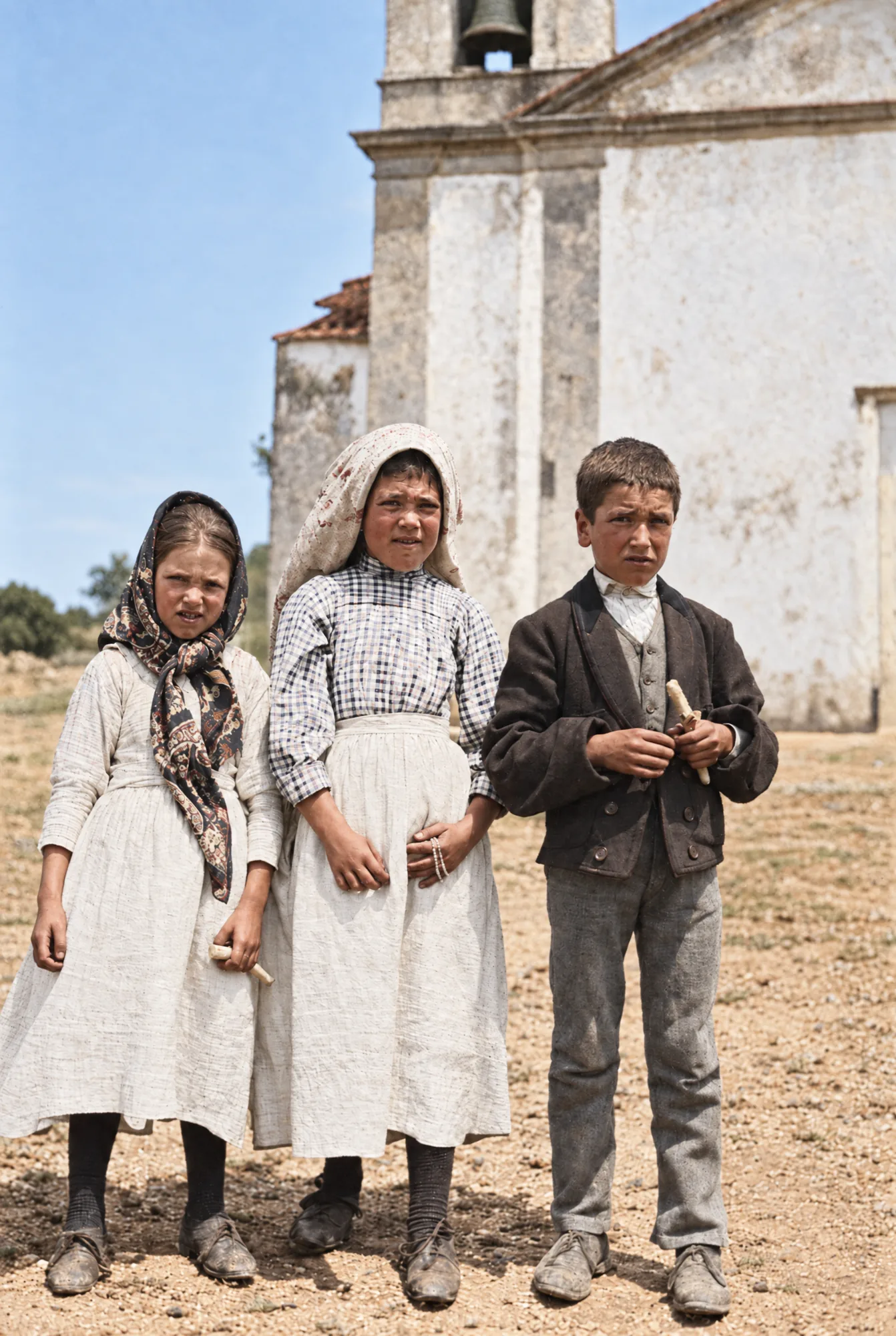 The three seers by the parish church of Fátima, July 1917: Colour (AI)