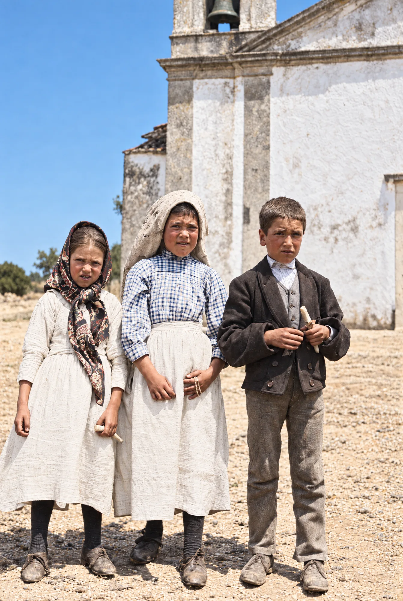 Os três videntes junto à igreja paroquial de Fátima, julho de 1917: Cor (IA)