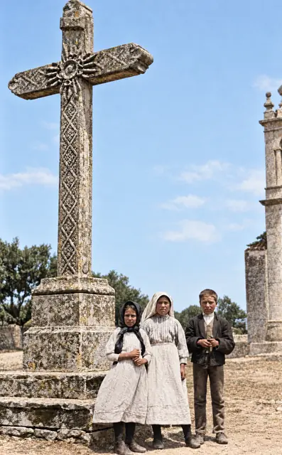 The three seers by the churchyard cross of Fátima parish church, 13 July 1917