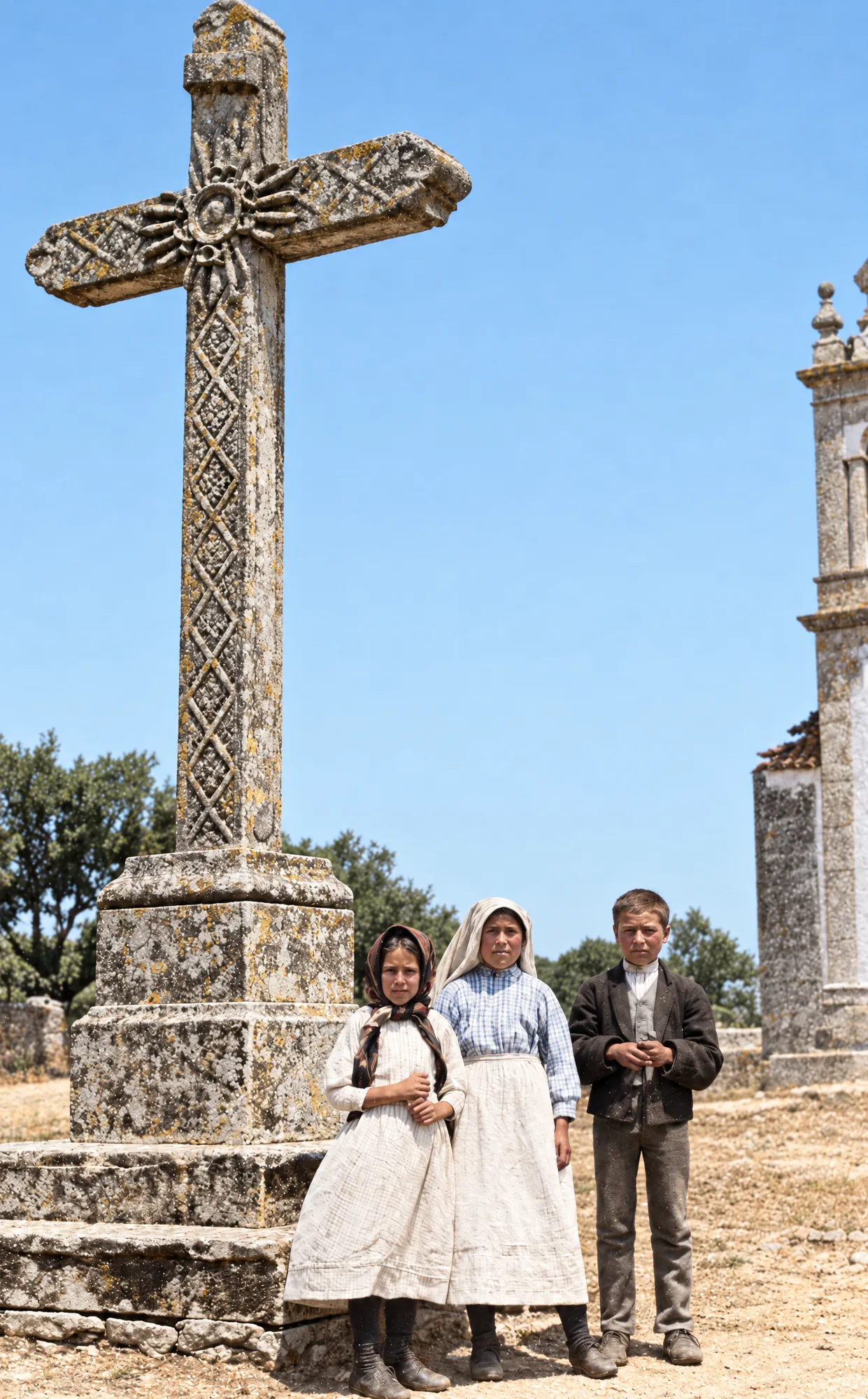 Os três videntes junto ao cruzeiro da igreja paroquial de Fátima, 13 de julho de 1917: Cor (IA)
