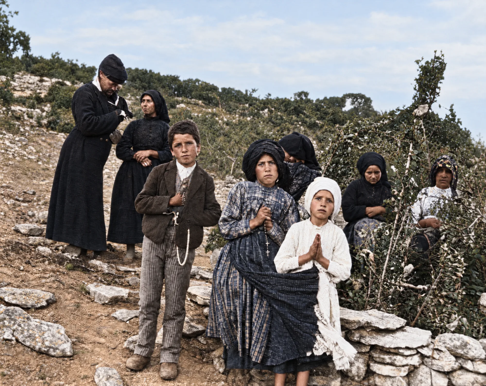 The three seers with others at the apparition site, photographed by Branca Falcão de Sommer: Colour (AI)