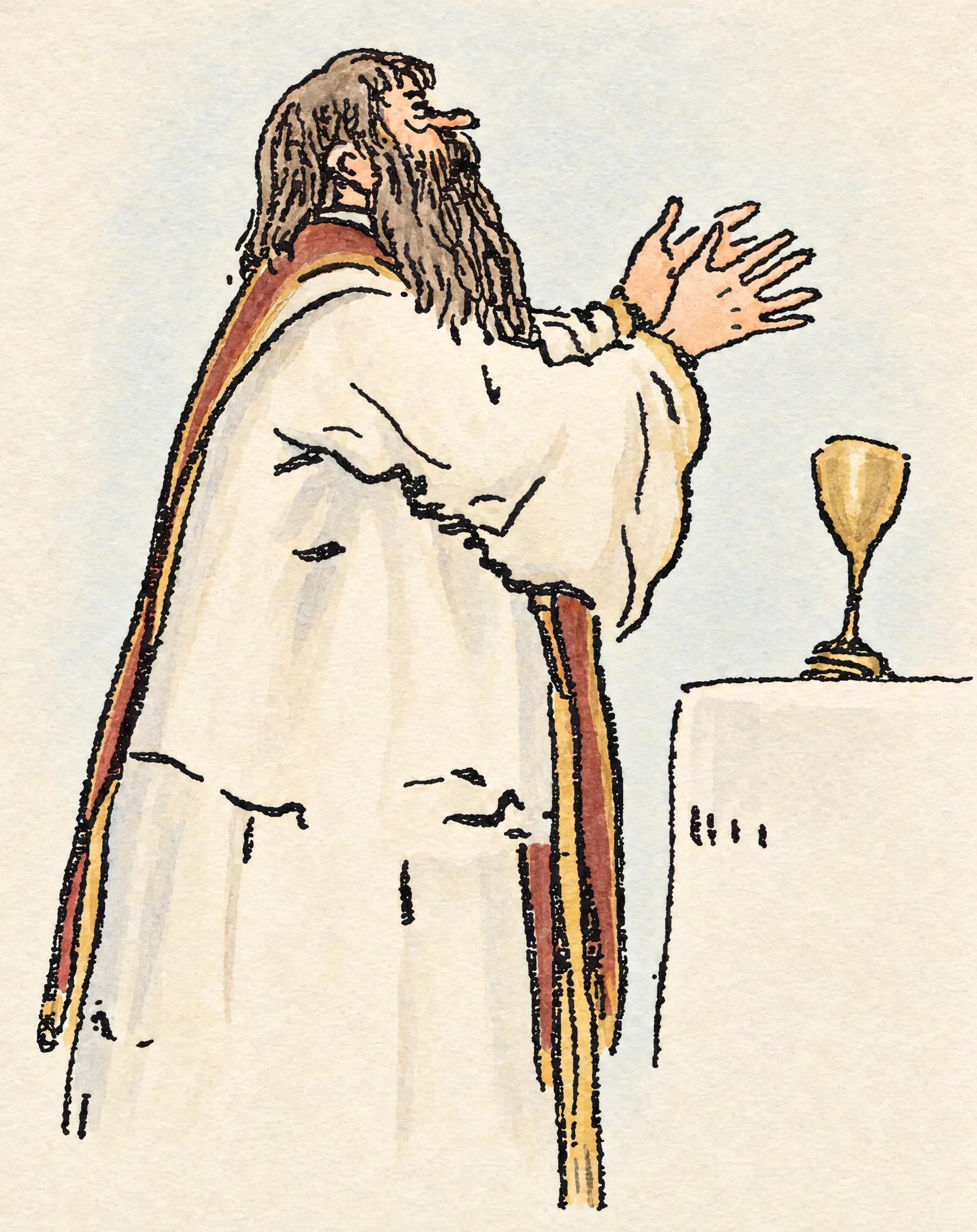 Desenho de uma figura barbada a rezar diante de um cálice: Cor (IA)
