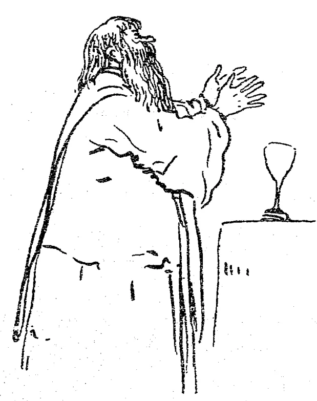 Drawing of a bearded figure praying before a chalice: Original scan