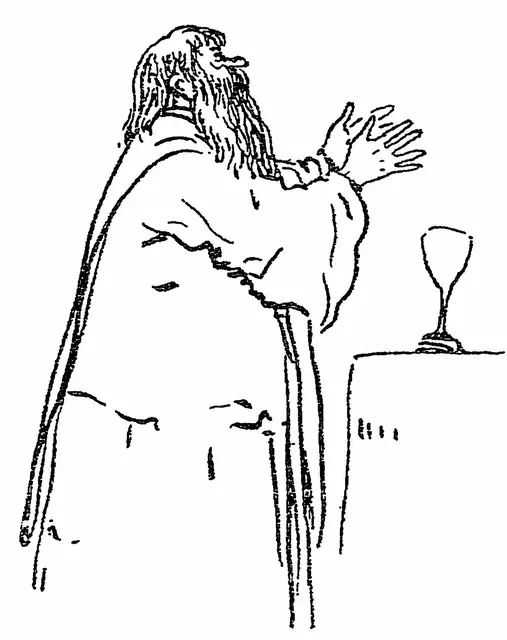 Drawing of a bearded figure praying before a chalice