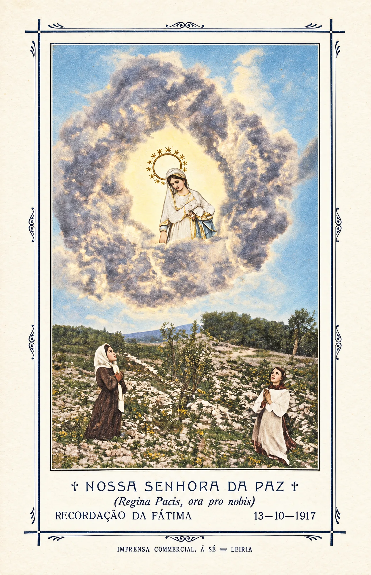 Estampa de Nossa Senhora da Paz, recordação de Fátima, 13 de outubro de 1917: Cor (IA)