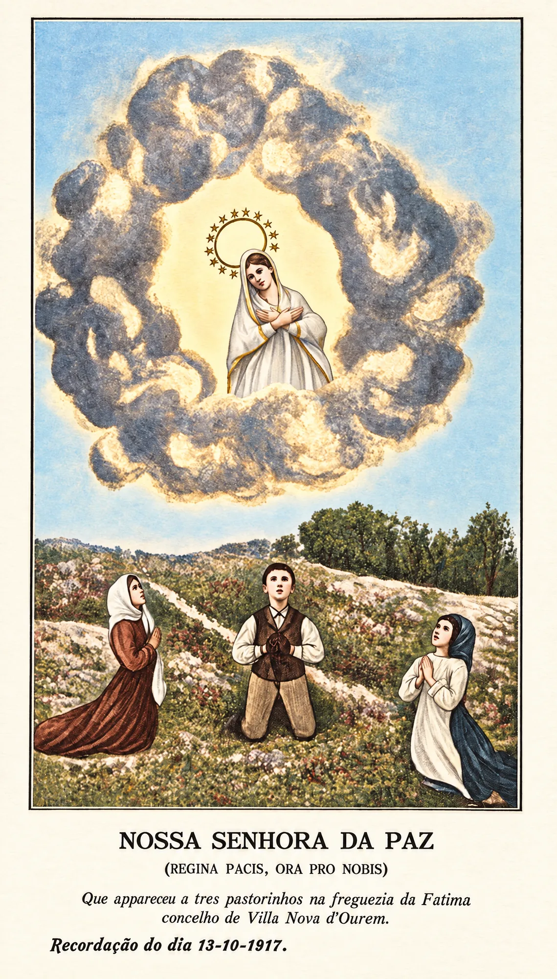Holy card of Our Lady of Peace distributed at the Cova da Iria, 13 October 1917: Colour (AI)
