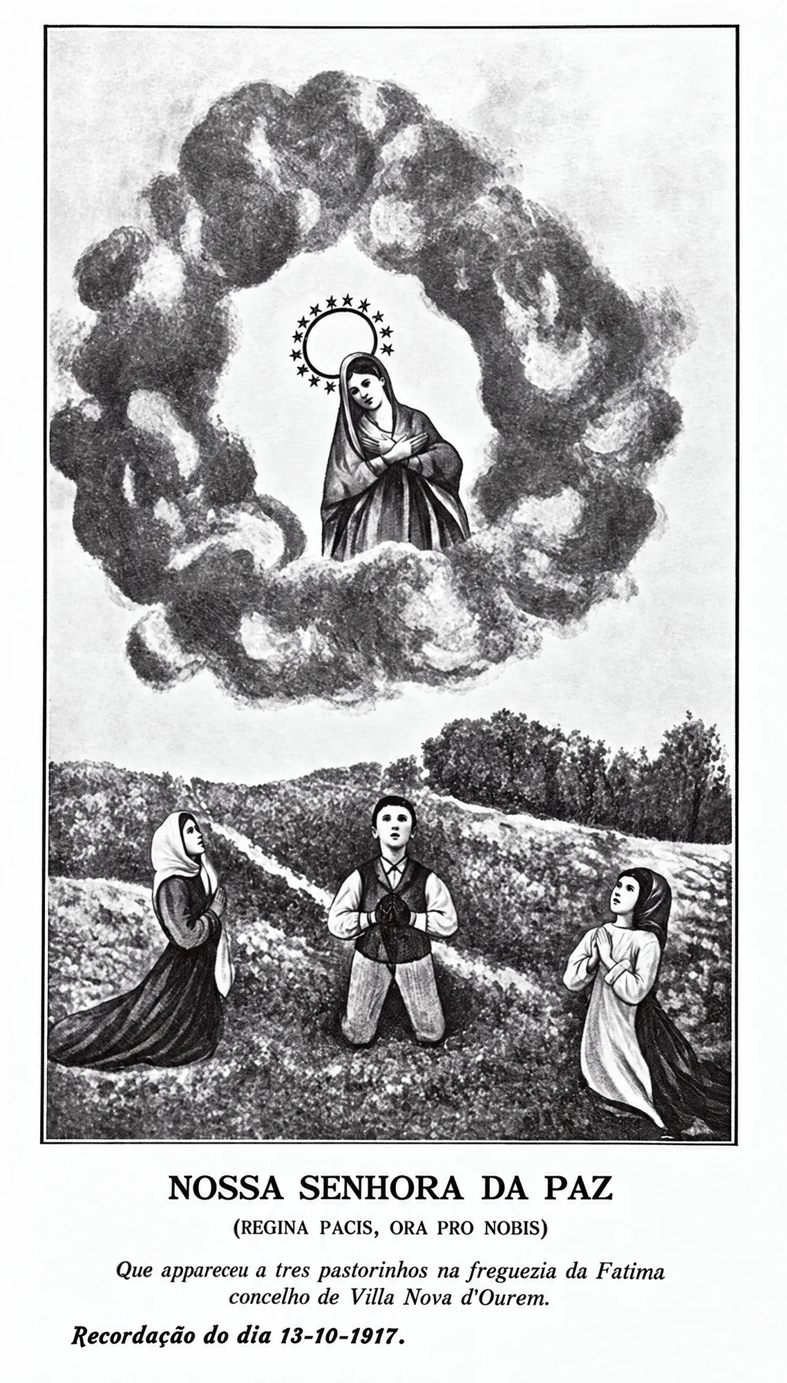 Holy card of Our Lady of Peace distributed at the Cova da Iria, 13 October 1917: Restored (AI)