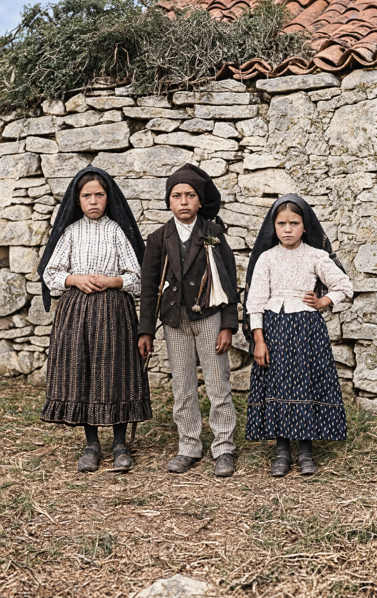 The three seers before a dry-stone wall, 1917: Colour (AI)