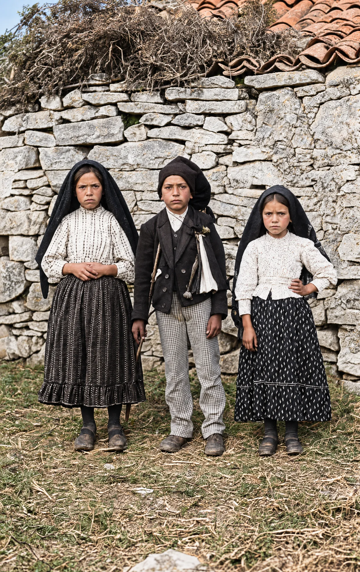 Os três videntes diante de um muro de pedra seca, 1917: Cor (IA)