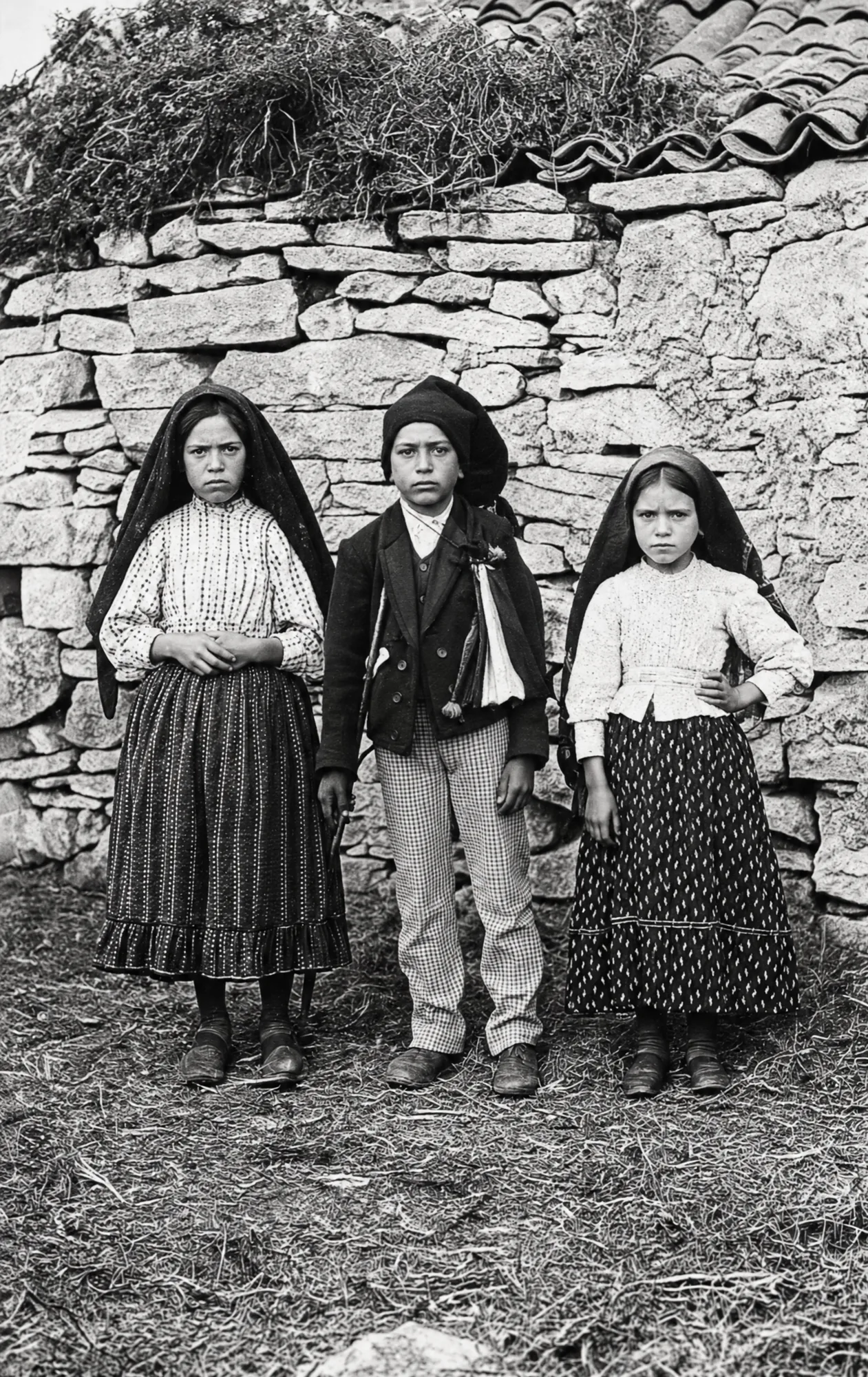 The three seers before a dry-stone wall, 1917: Restored (AI)