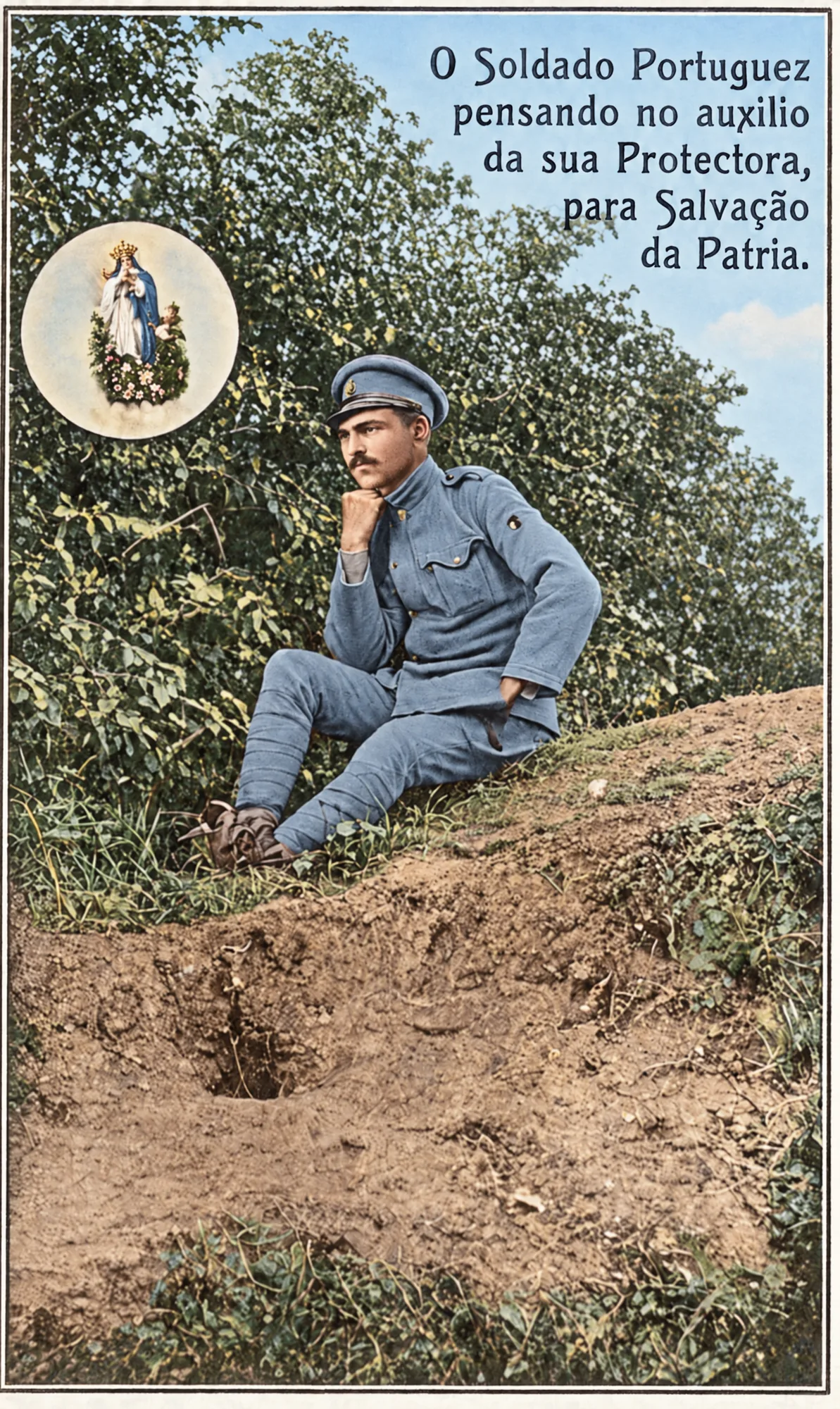 Postal: «O Soldado Portuguez pensando no auxilio da sua Protectora», 1917: Cor (IA)