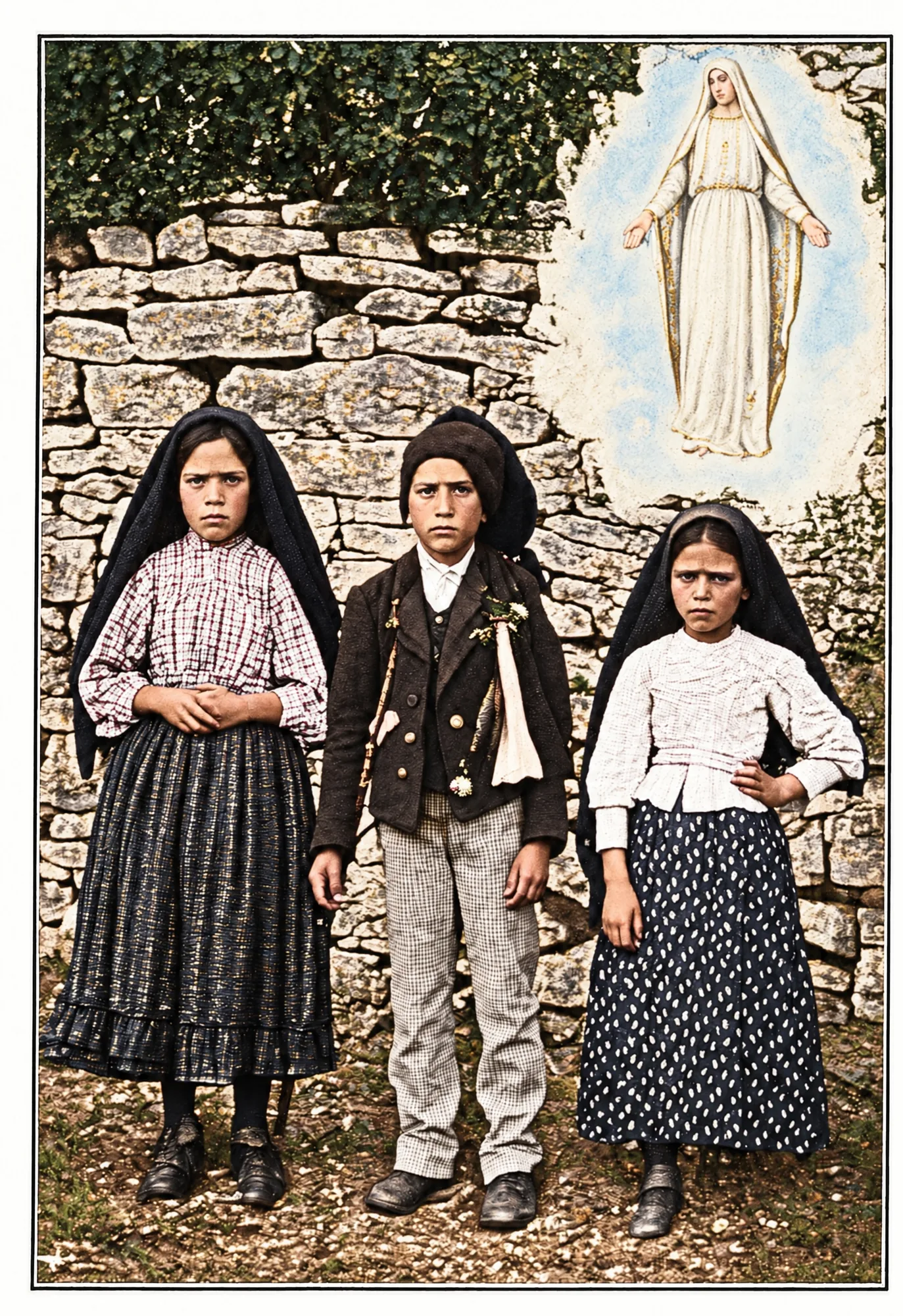 Os três videntes em Aljustrel, com Nossa Senhora das Graças – postal vendido a 13 de outubro de 1917: Cor (IA)