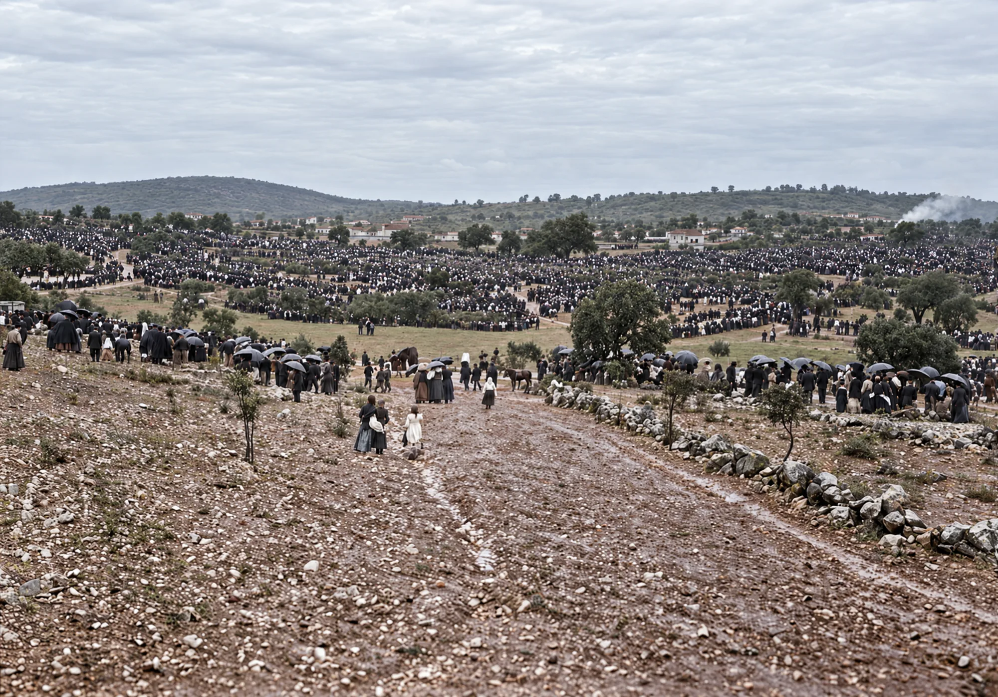 Vista panorâmica da Cova da Iria, tirada da estrada de macadame, 13 de outubro de 1917: Cor (IA)