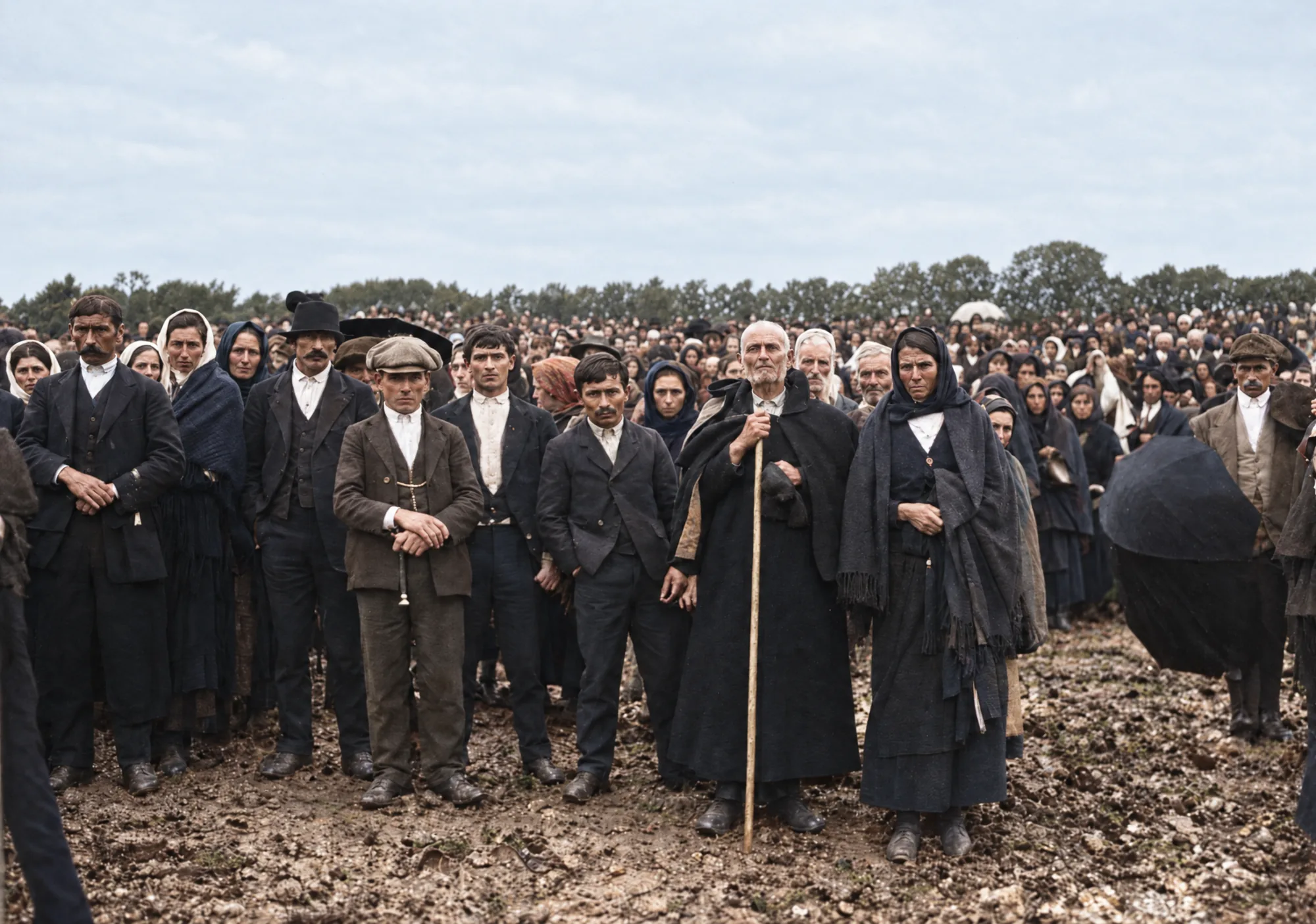 Group standing beside a blind man, Cova da Iria, 13 October 1917: Colour (AI)
