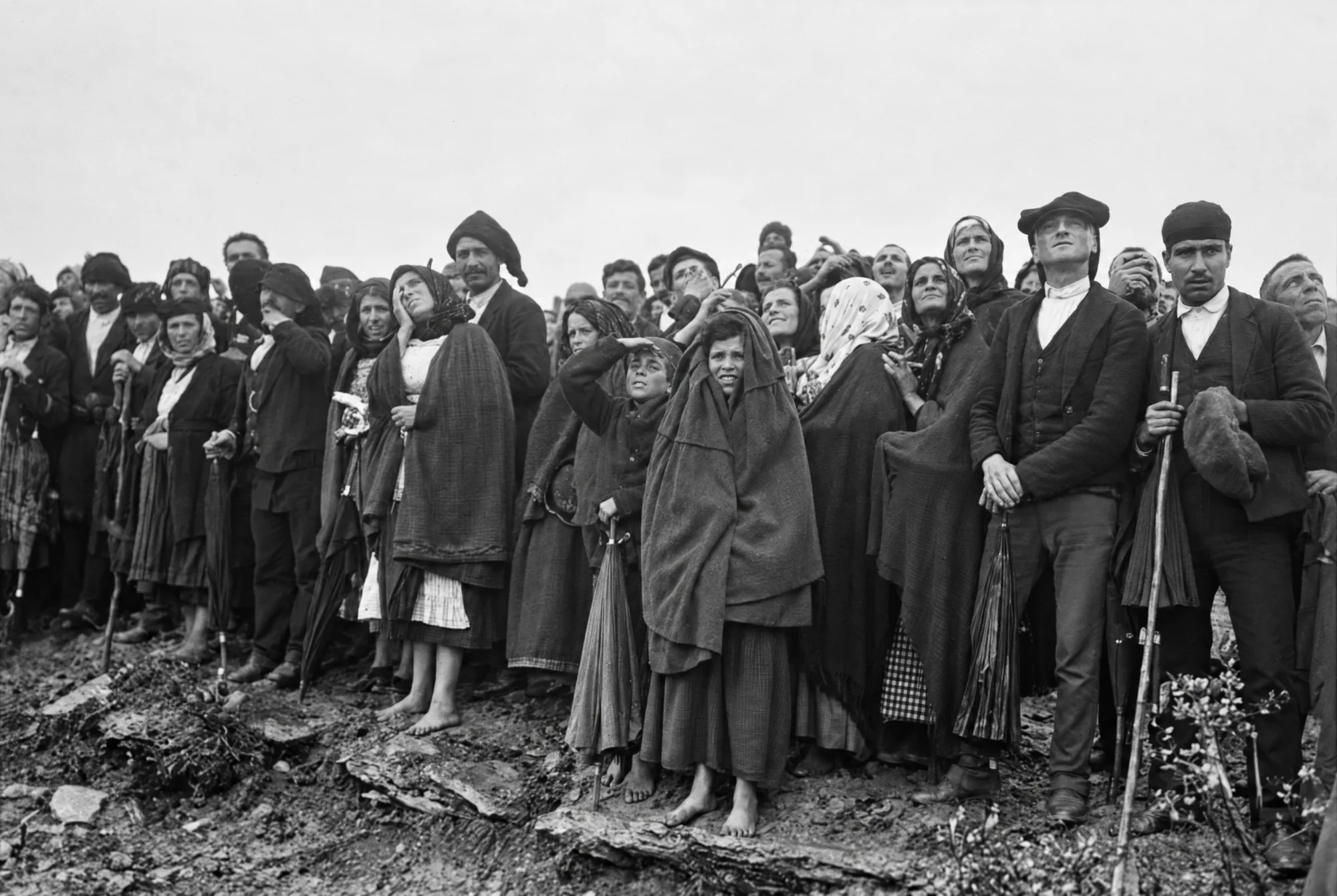 People standing and looking at the sky, 13 October 1917: Restored (AI)