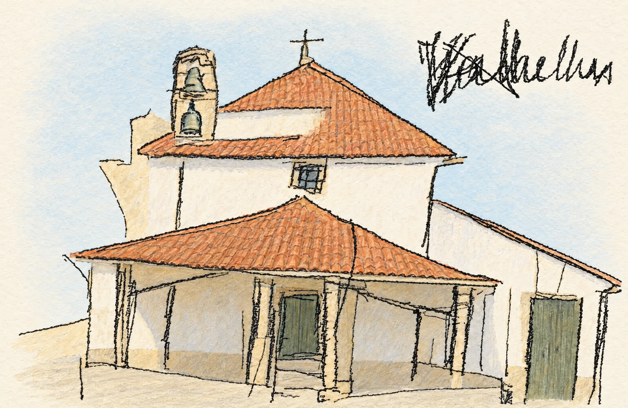 Esboço a lápis de uma igreja com sineira: Cor (IA)