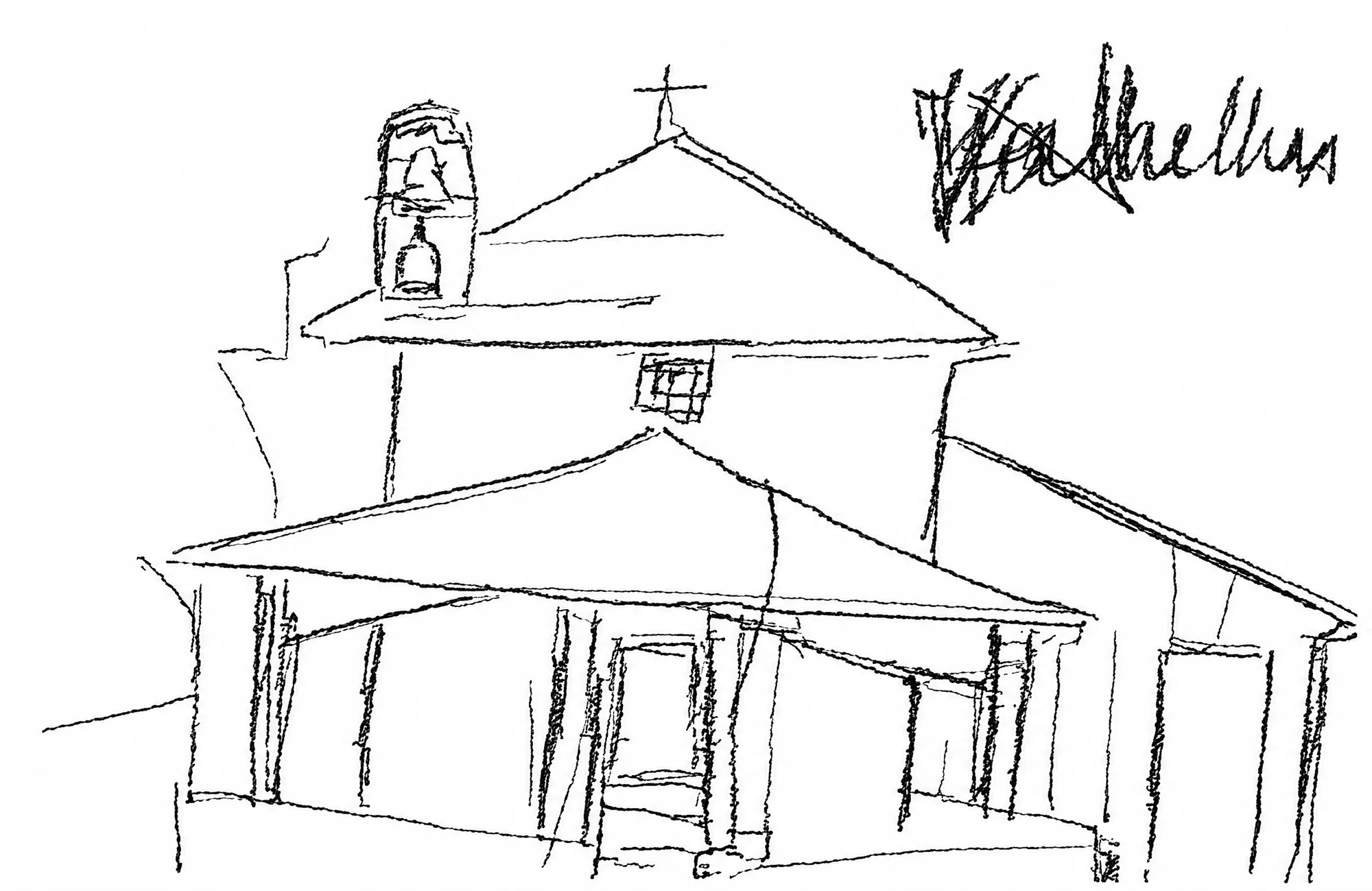 Pencil sketch of a church with a bell-cote: Restored (AI)