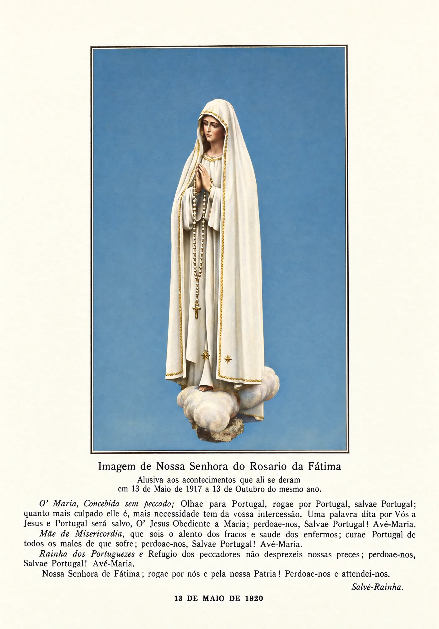 Holy card of the statue of Our Lady of the Rosary of Fátima, 13 May 1920: Colour (AI)