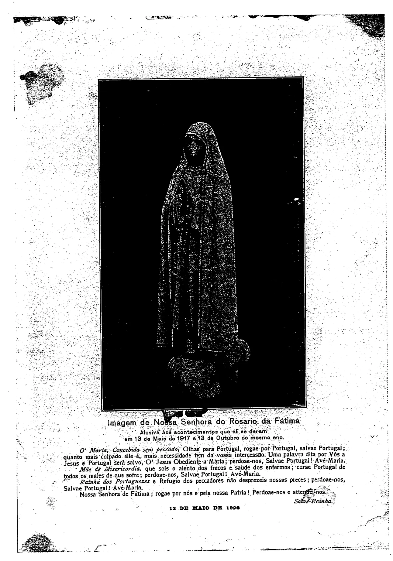 Holy card of the statue of Our Lady of the Rosary of Fátima, 13 May 1920: Original scan