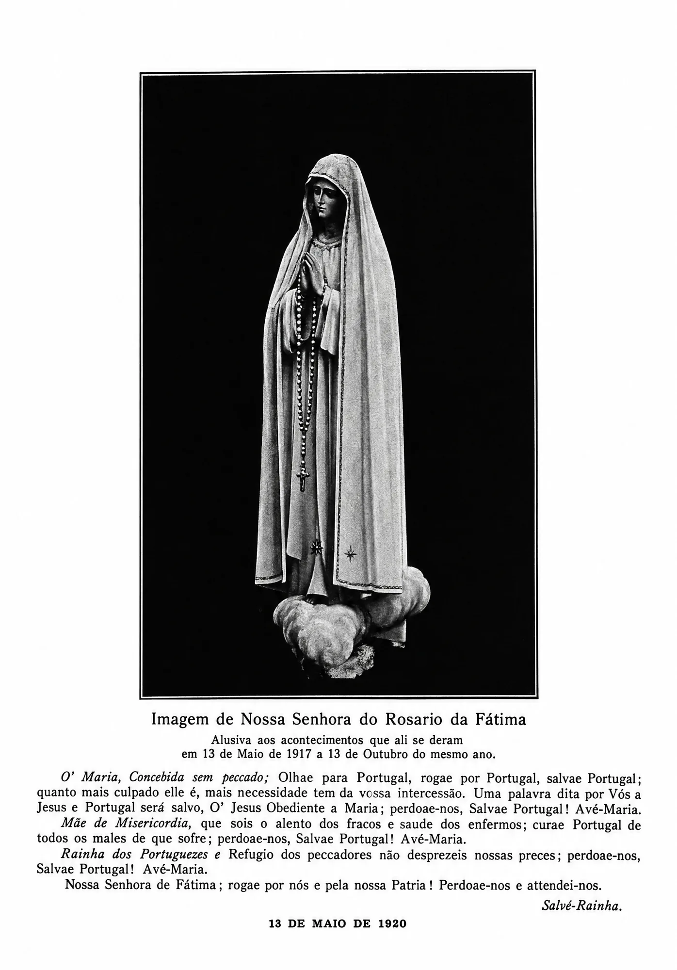 Holy card of the statue of Our Lady of the Rosary of Fátima, 13 May 1920: Restored (AI)