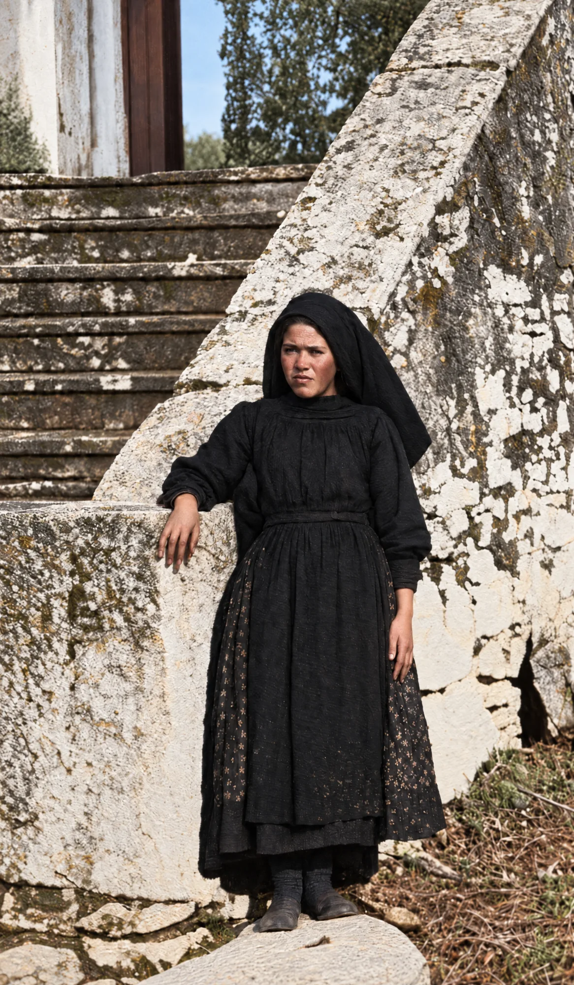 Elderly woman in a black shawl by stone steps: Colour (AI)